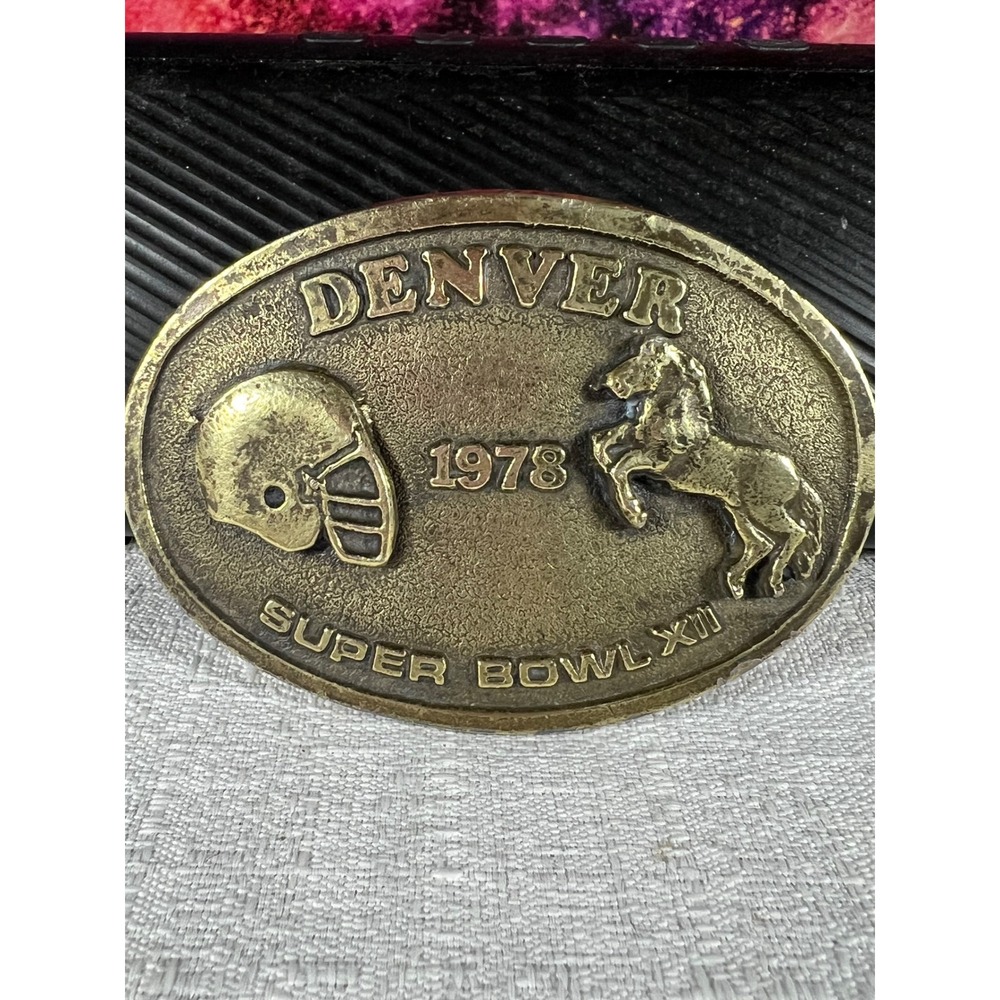 Vintage 1978 Denver Super Bowl XII Belt Buckle Sanchez International Brass Oval